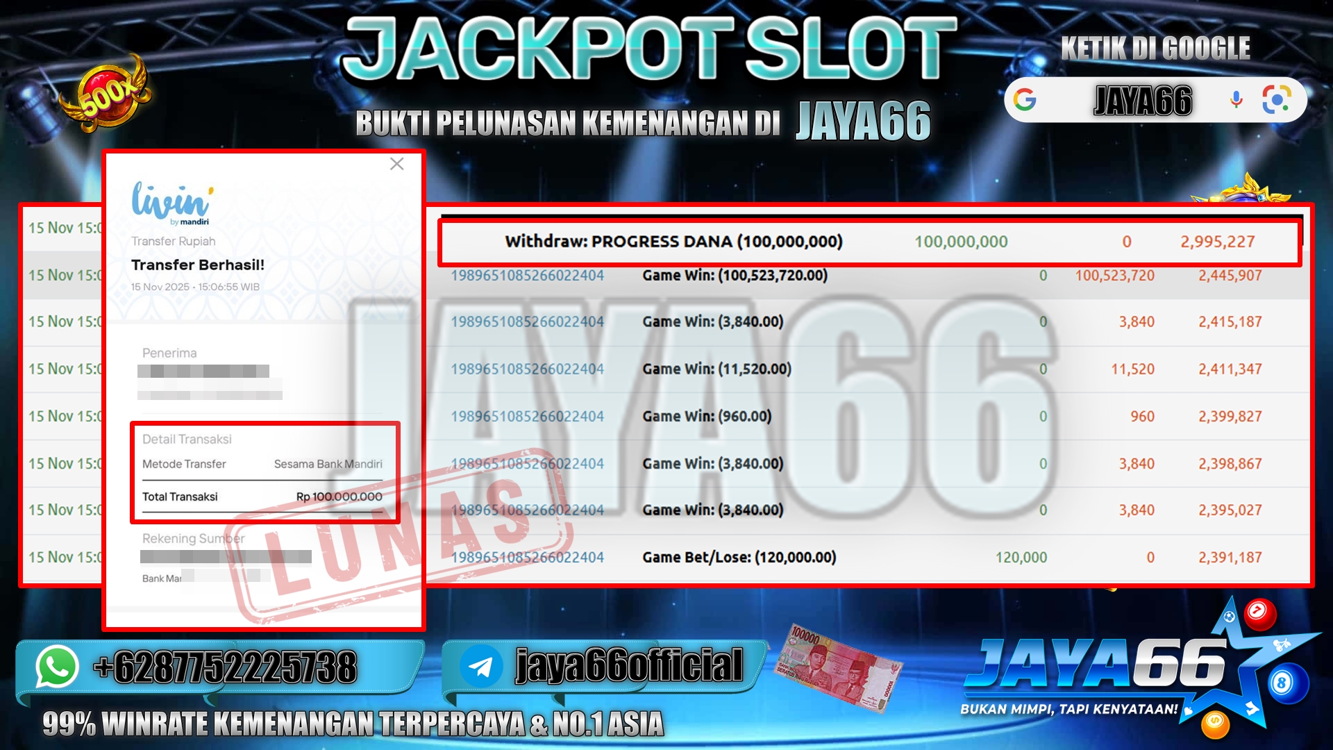 JAYA66 – BUKTI KEMENANGAN SLOT MAHJONG WAYS Rp 100.000.000,- LUNAS