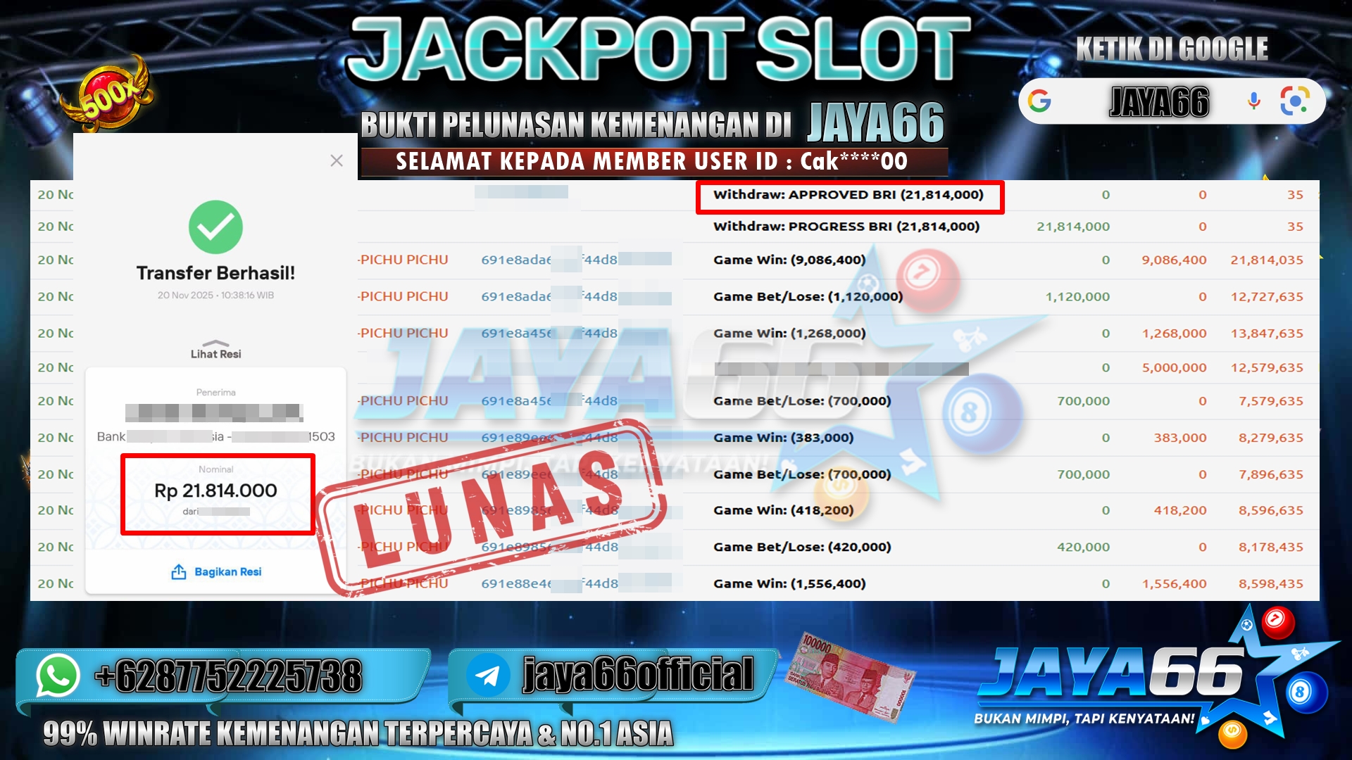 JAYA66 – BUKTI KEMENANGAN PICHU – PICHU Rp.21.814.000,- LUNAS