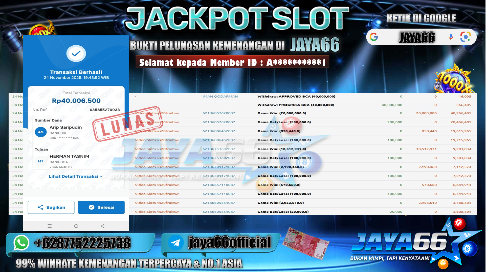 JAYA66 – BUKTI KEMENANGAN SLOT SWEET BONANZA Rp.40.000.000,- LUNAS