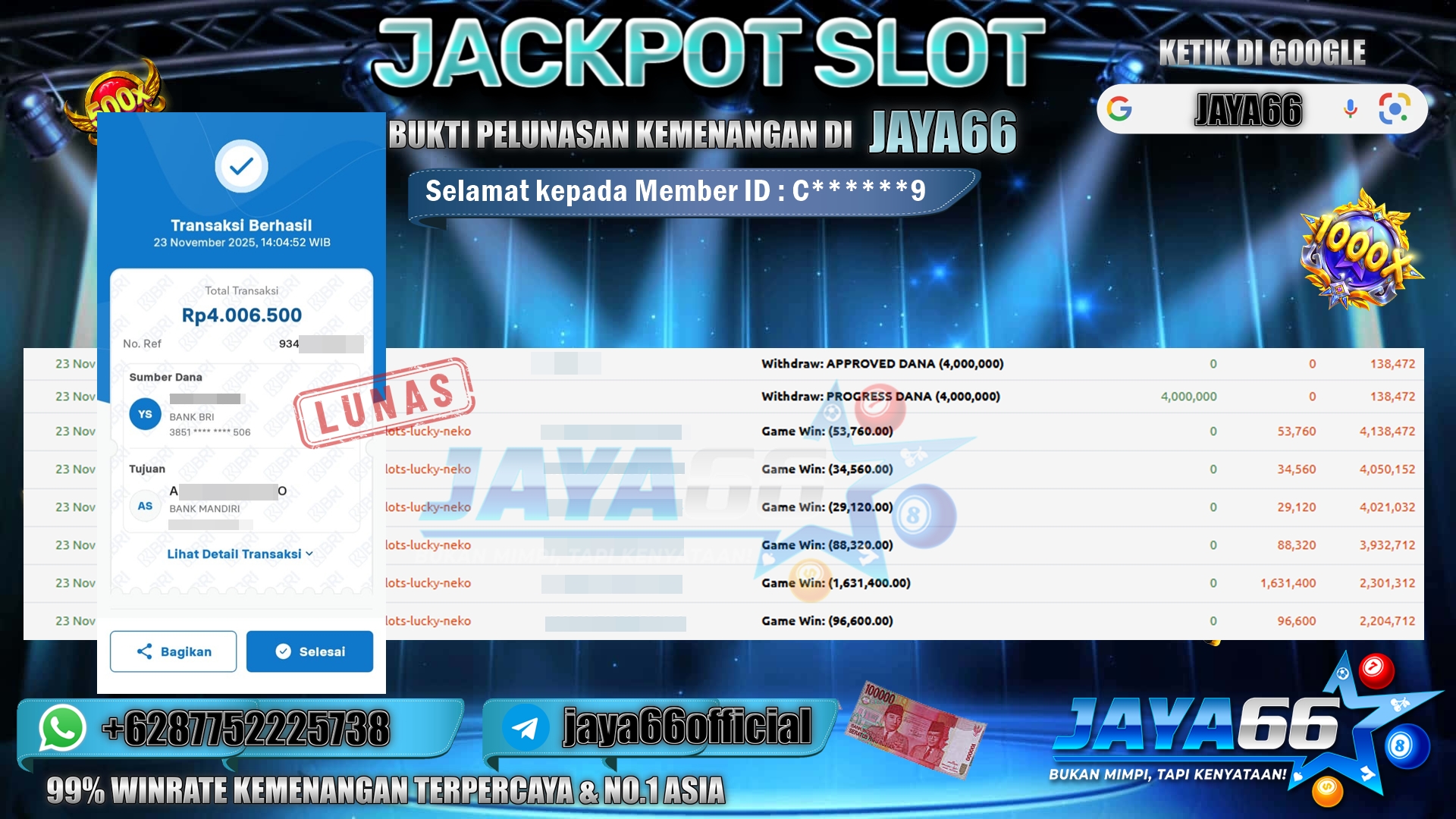 JAYA66 – BUKTI KEMENANGAN SLOT LUCKY NEKO Rp.4.000.000,- LUNAS
