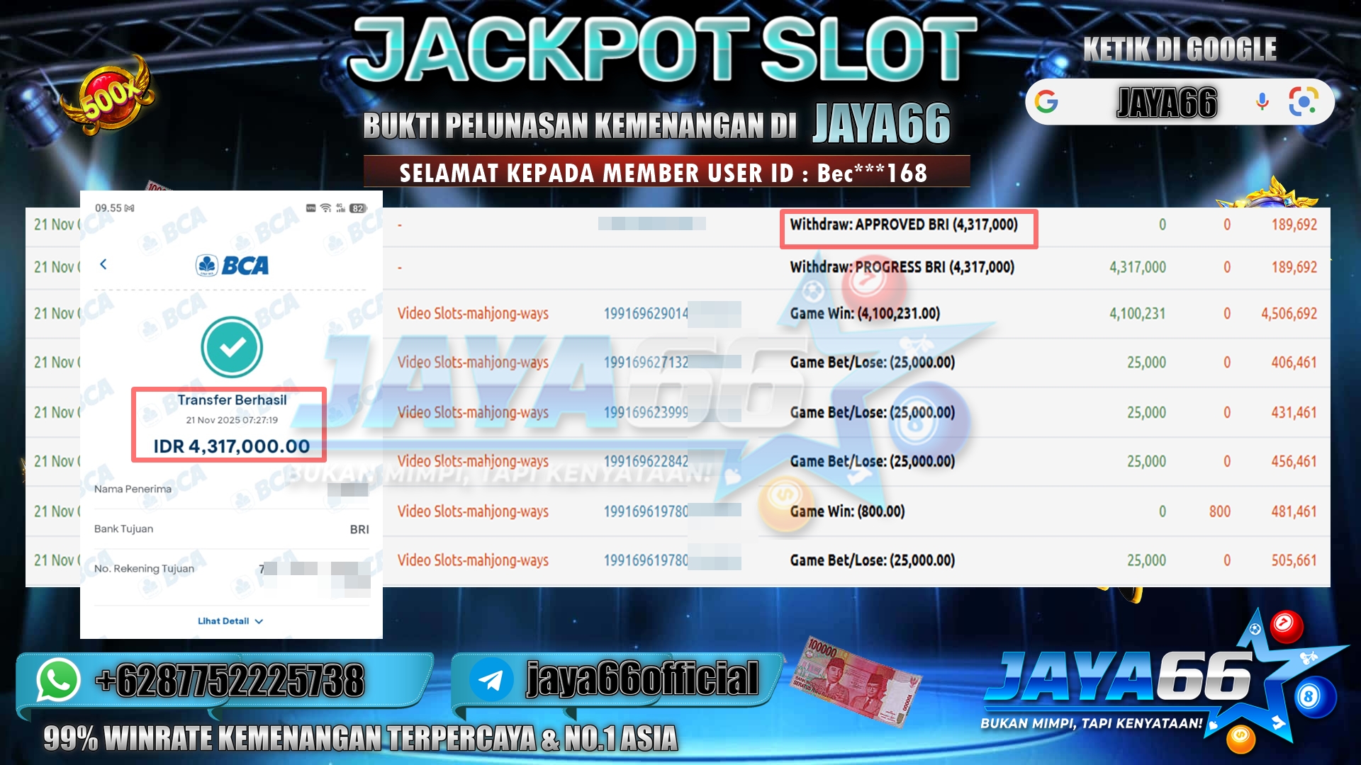 JAYA66 – BUKTI KEMENANGAN MAHJONG WAYS 2 Rp.4.317.000,- LUNAS