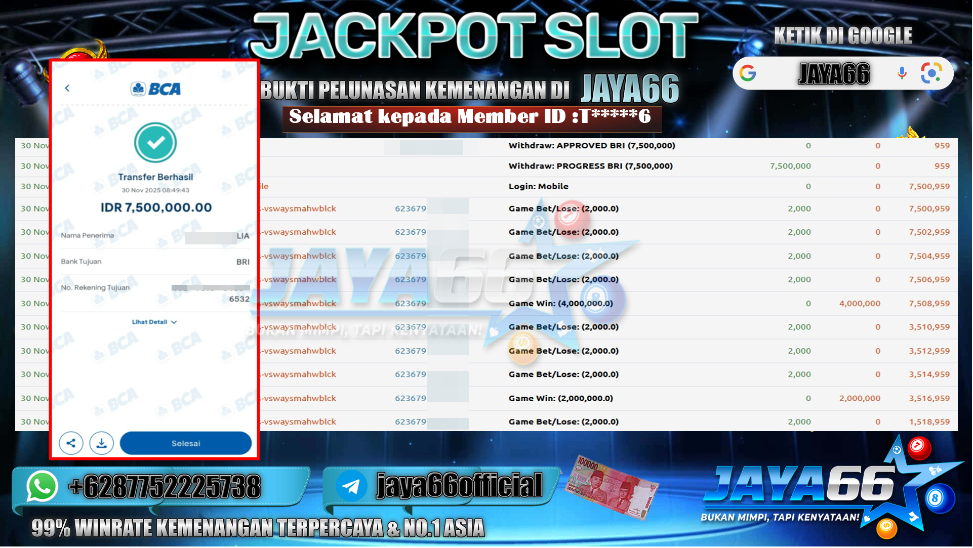 JAYA66 – BUKTI KEMENANGAN SLOT Mahjong Wins 3 – Black Scatter Rp.7.500.000,- LUNAS