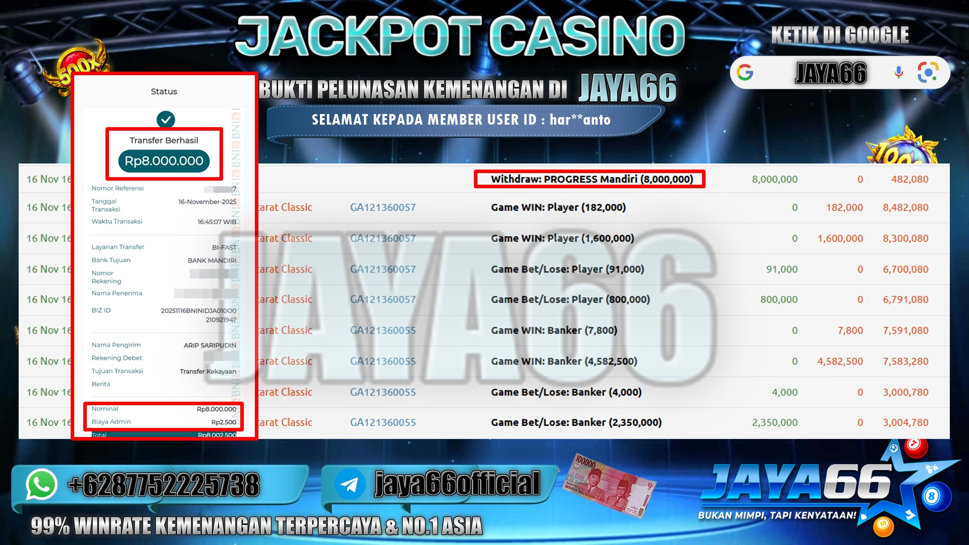 JAYA66 – BUKTI KEMENANGAN CASINO BACARAT CLASSIC Rp 8.000.000,- LUNAS