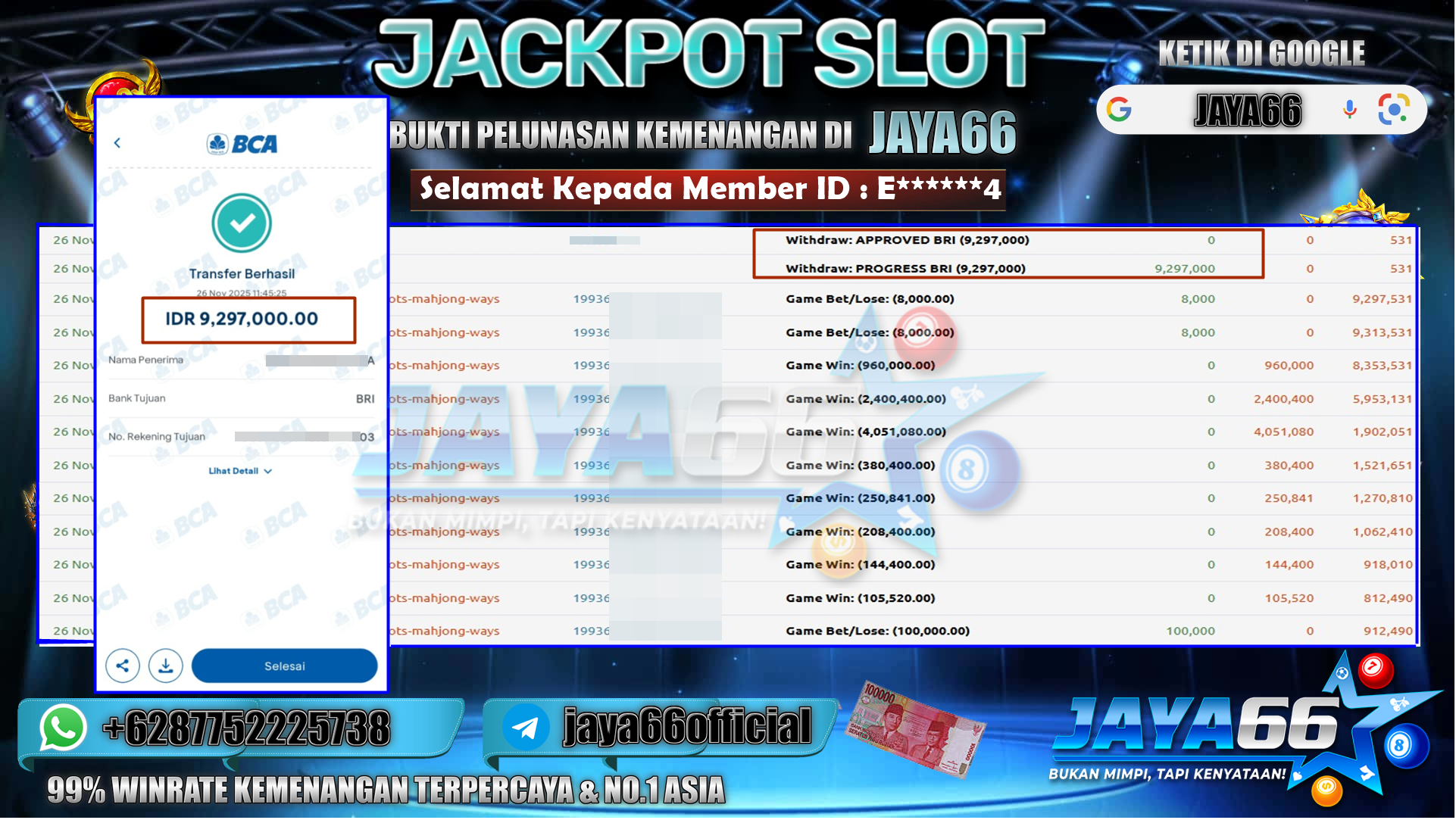 JAYA66 – BUKTI KEMENANGAN SLOT MAHJONG WAYS Rp.9.297.000,- LUNAS