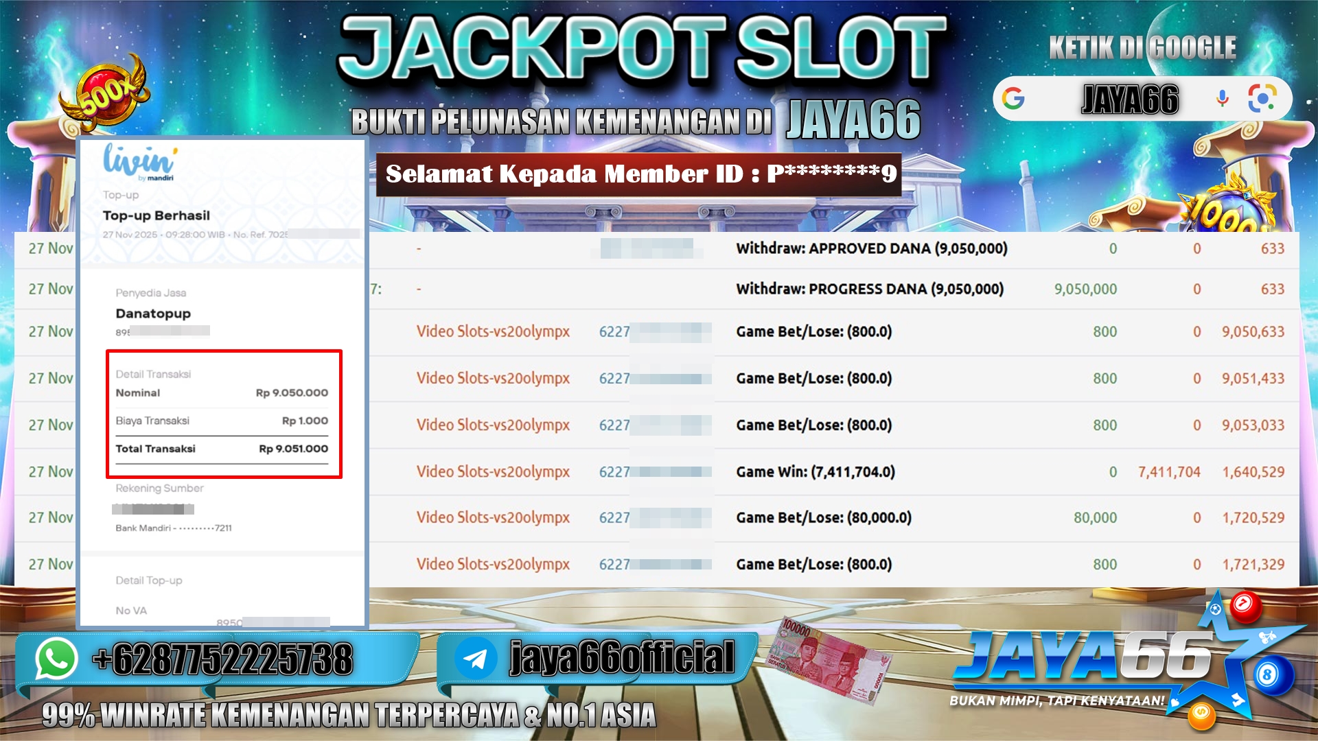 JAYA66 – BUKTI KEMENANGAN SLOT GATES OF OLYMPUS 1000 Rp.9.050.000,- LUNAS