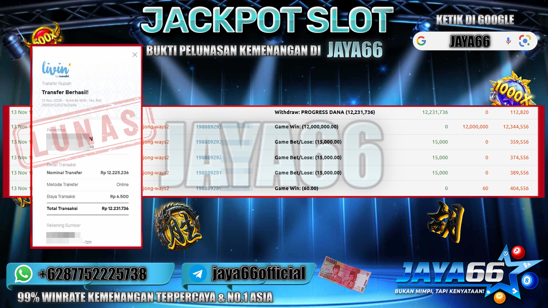 JAYA66 – BUKTI KEMENANGAN SLOT MAHJONG WAYS Rp 12.231.736,- LUNAS