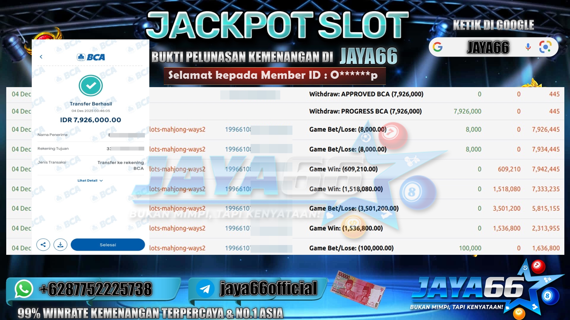 JAYA66 – BUKTI KEMENANGAN SLOT MAHJONG WAYS 2 Rp.7.926.000,- LUNAS