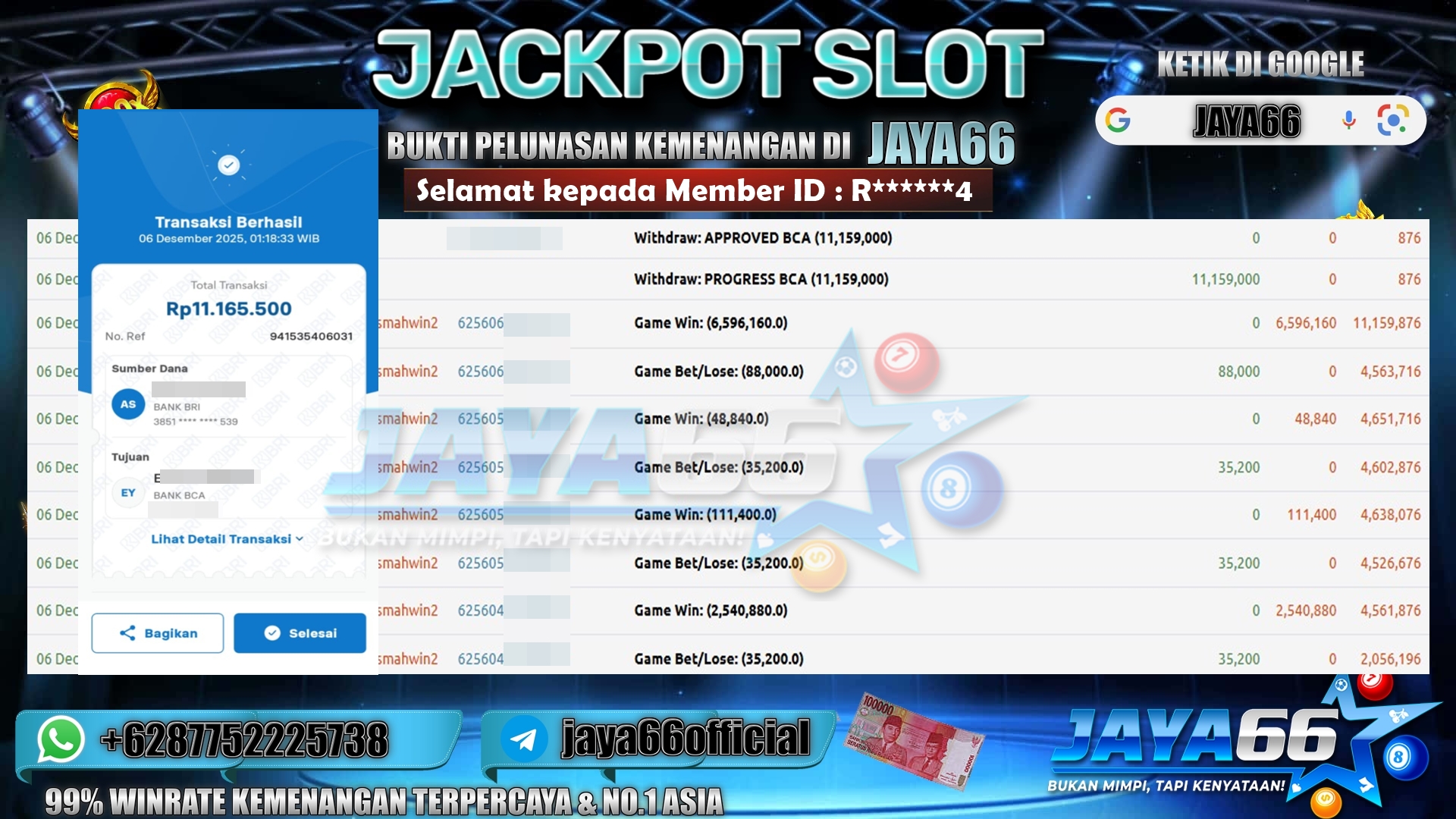 JAYA66 – BUKTI KEMENANGAN SLOT MAHJONG WIN 2 Rp. 11.159.000,- LUNAS