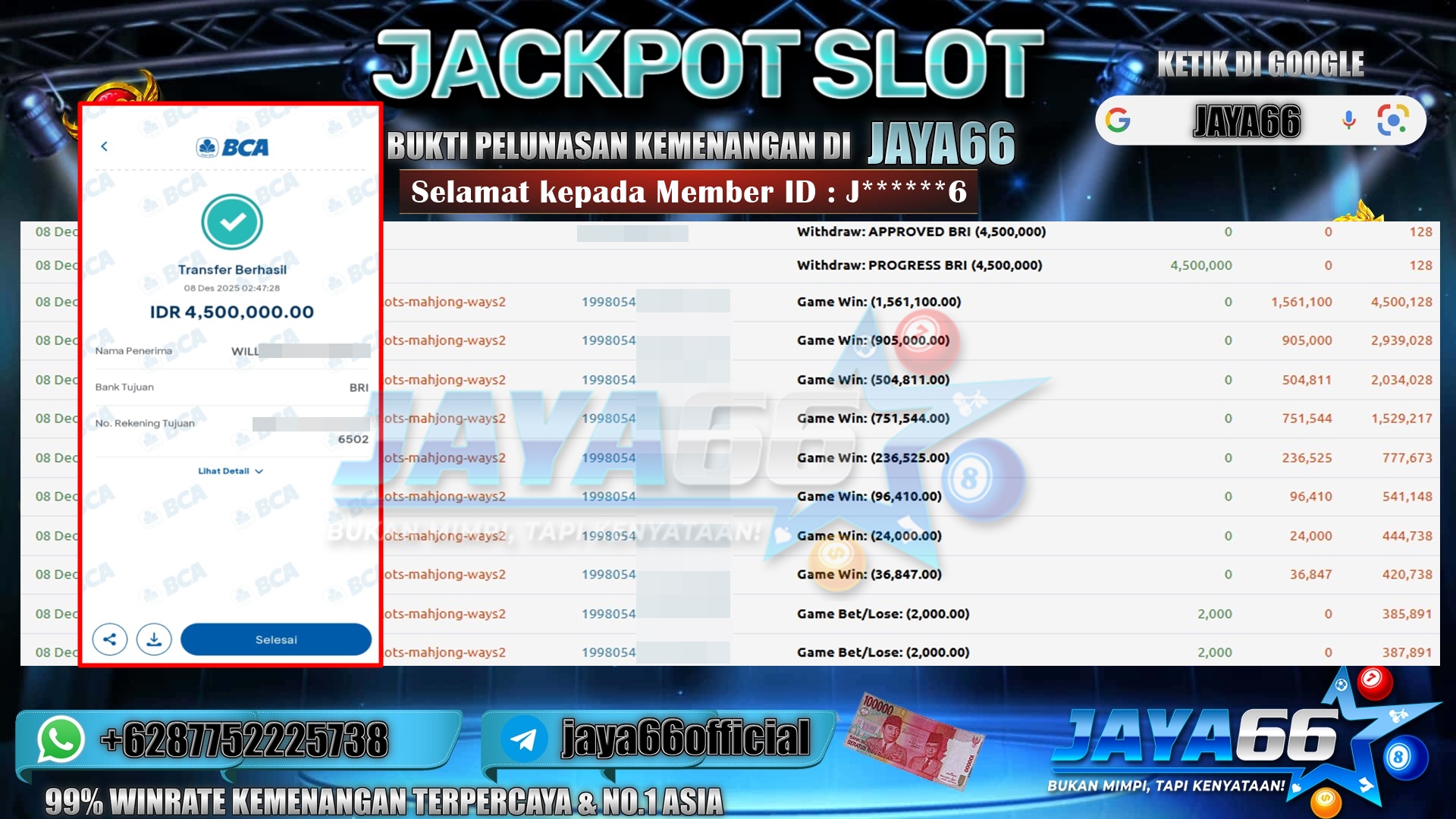 JAYA66 – BUKTI KEMENANGAN SLOT MAHJONG WAYS 2 Rp. 4.500.000,- LUNAS