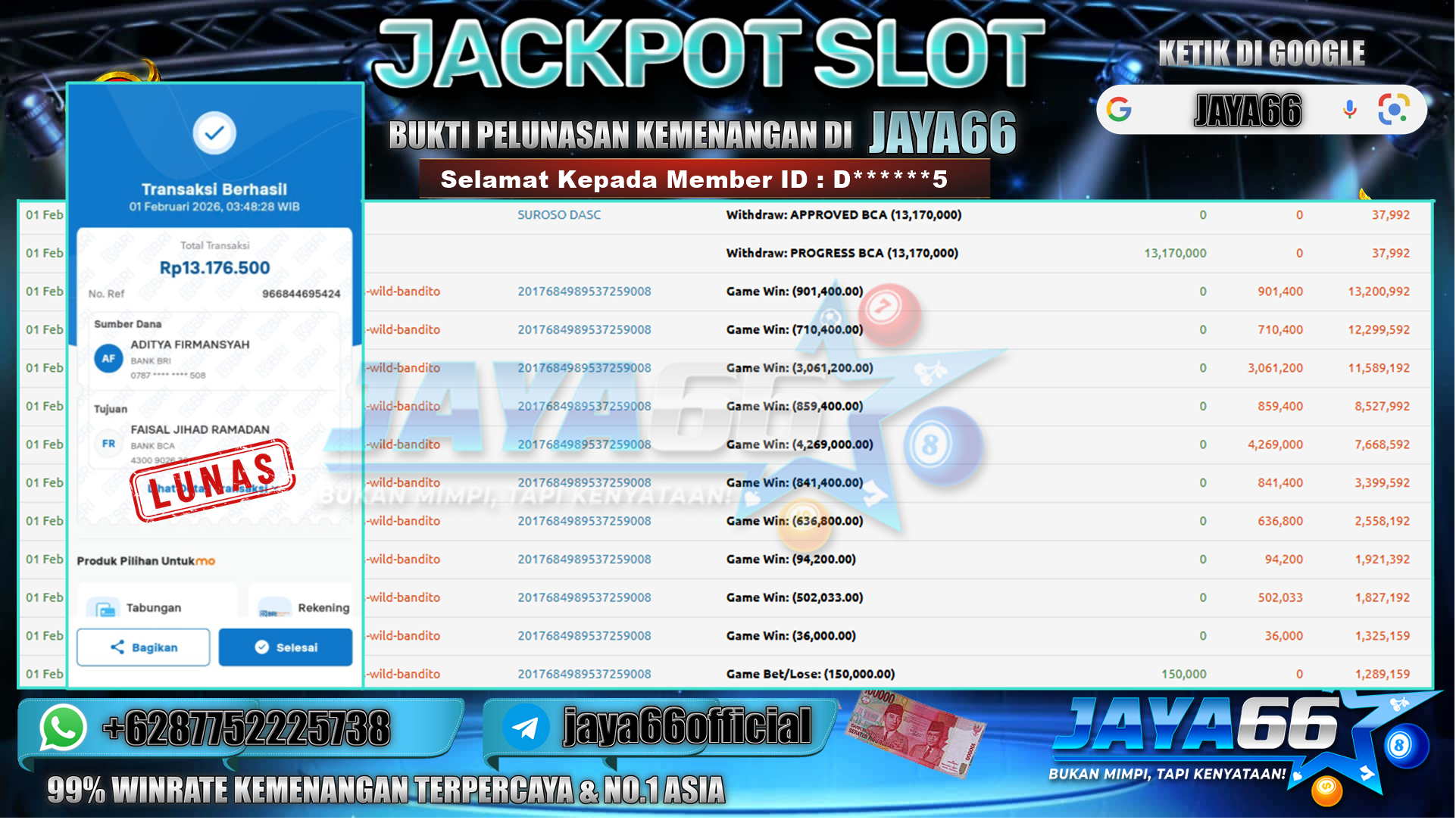 JAYA66 – BUKTI KEMENANGAN SLOT WILD B4NDIT0 Rp. 13,170,000,- LUNAS