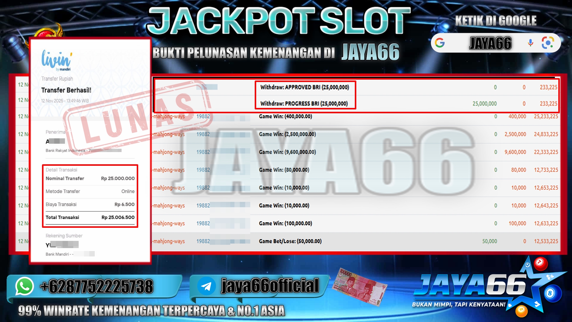 JAYA66 – BUKTI KEMENANGAN SLOT MAHJONG WAYS Rp 25.000.000,- LUNAS