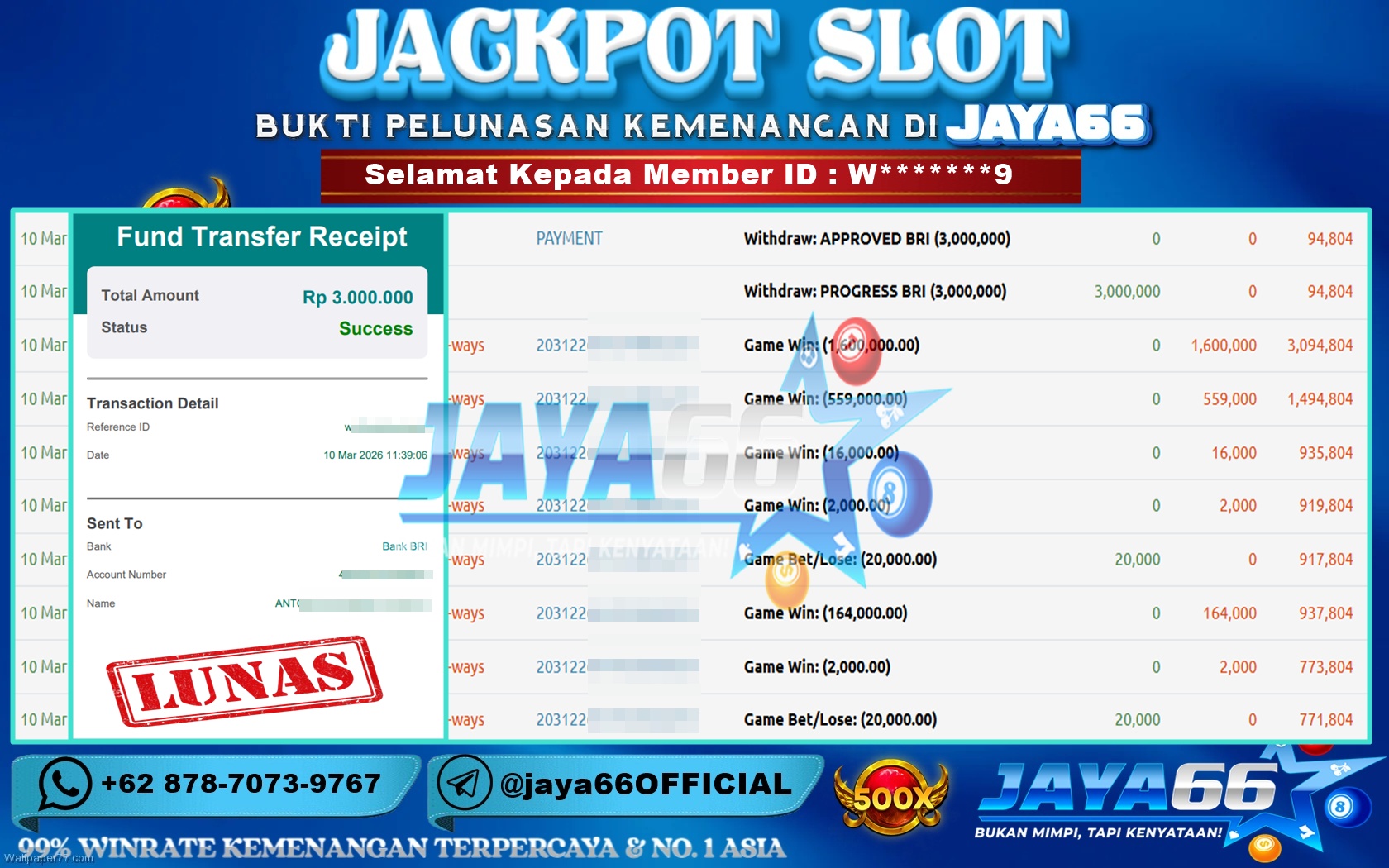 JAYA66 – BUKTI KEMENANGAN SLOT MAHJONG WAYS Rp. 3,000,000,- LUNAS