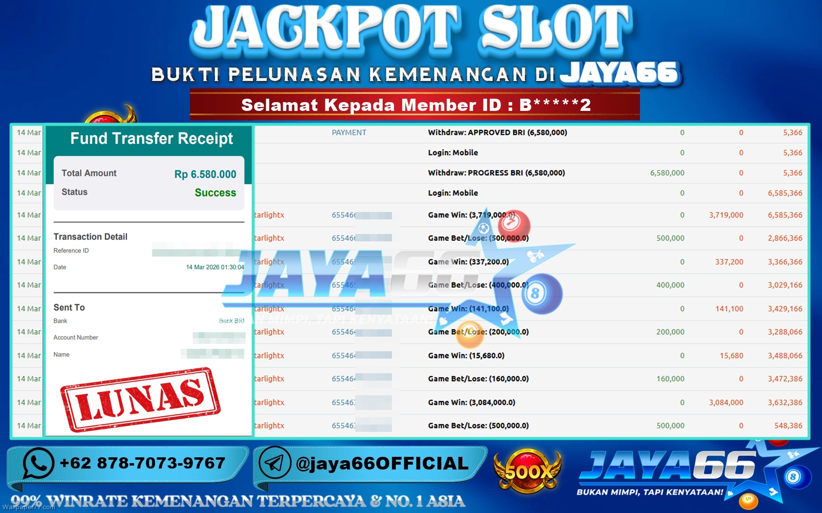 JAYA66 – BUKTI KEMENANGAN SLOT STARLIGHT PRINCESS 1000 Rp. 6,580,000,- LUNAS