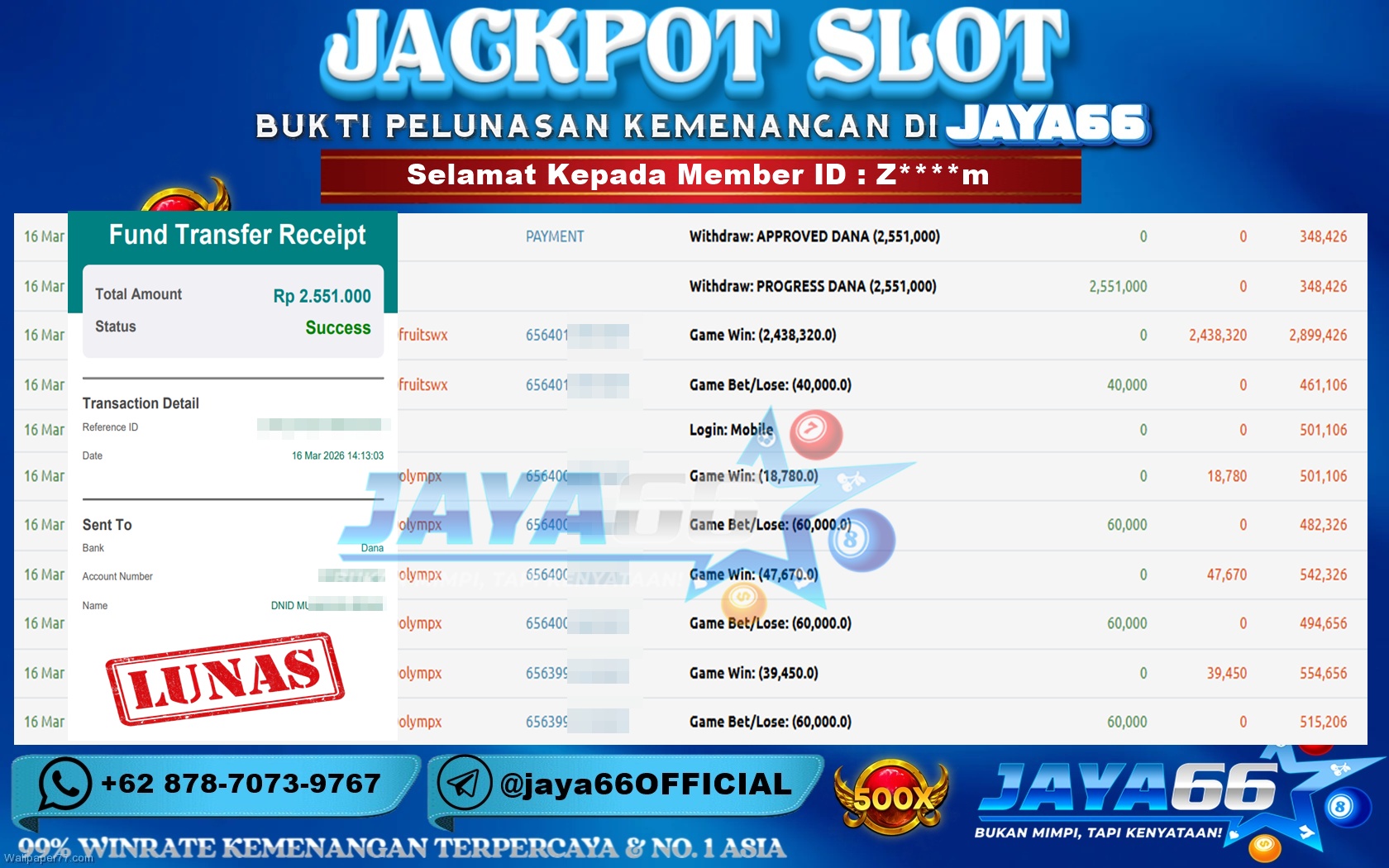 JAYA66 – BUKTI KEMENANGAN SLOT SWEET BONANZA 1000 Rp. 2,551,000,- LUNAS