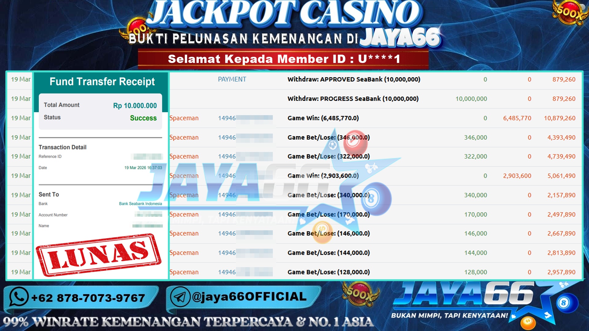 JAYA66 – BUKTI KEMENANGAN CASINO PRAGMATIC PLAY – SPACEMAN Rp. 10,000,000,- LUNAS
