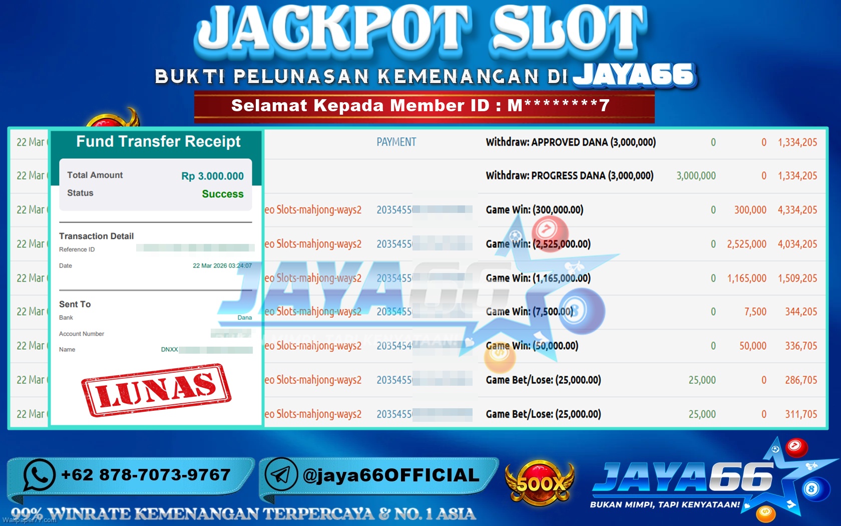 JAYA66 – BUKTI KEMENANGAN SLOT MAHJONG WAYS 2 Rp. 3,000,000,- LUNAS