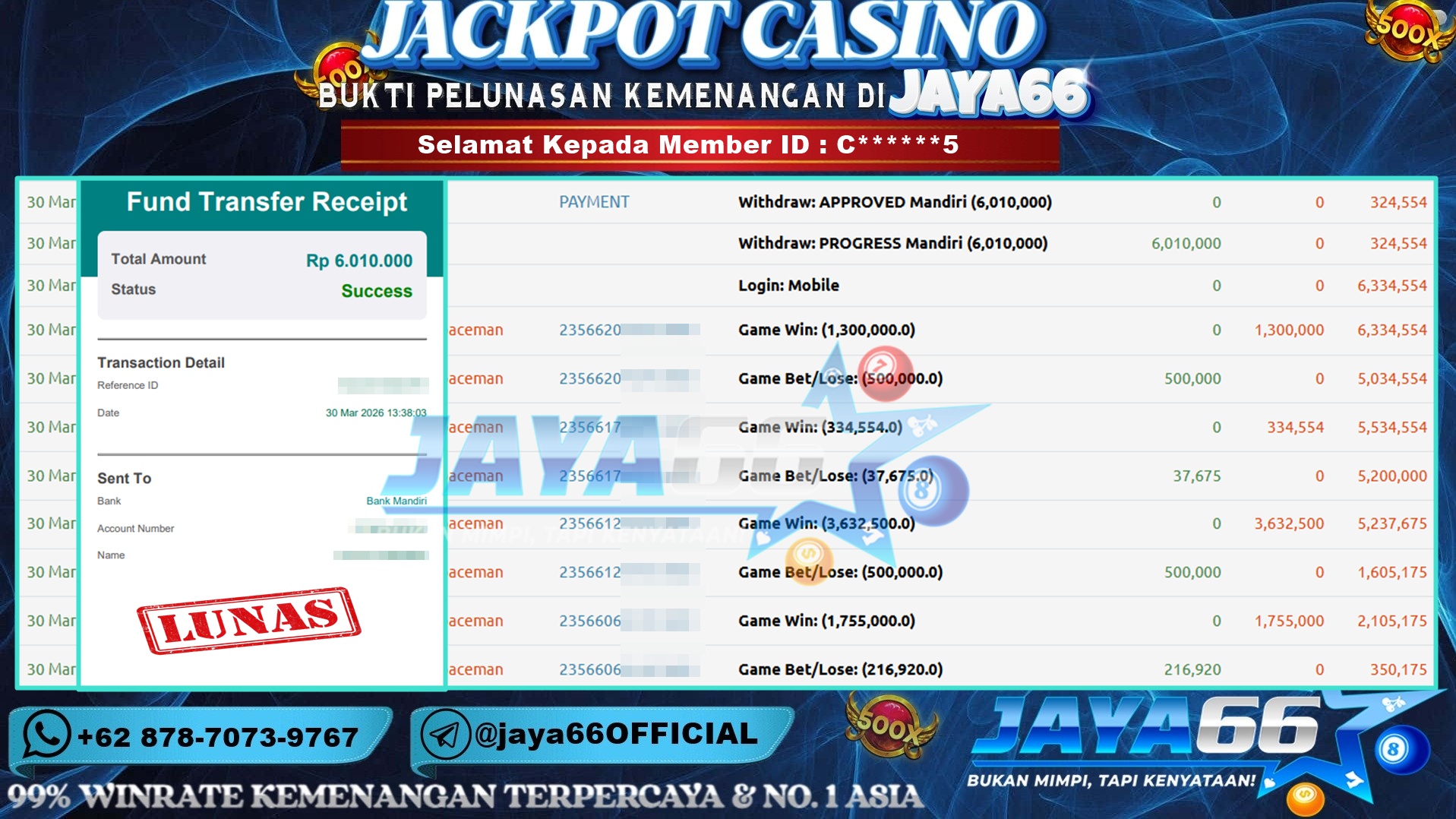 JAYA66 – BUKTI KEMENANGAN CASINO PRAGMATIC PLAY – SPACEMAN Rp. 6,010,000,- LUNAS