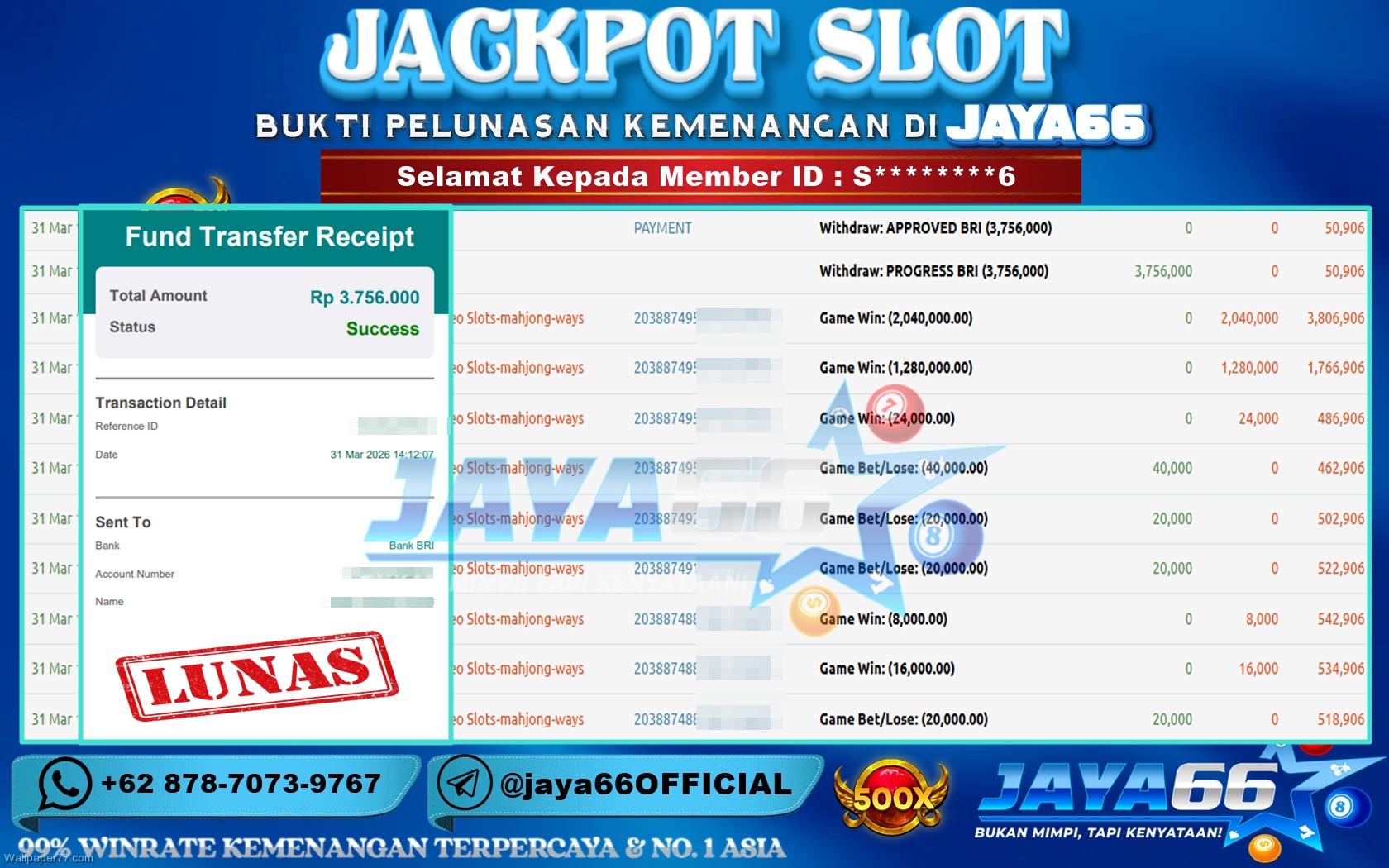 JAYA66 – BUKTI KEMENANGAN SLOT MAHJONG WAYS Rp. 3,756,000,- LUNAS