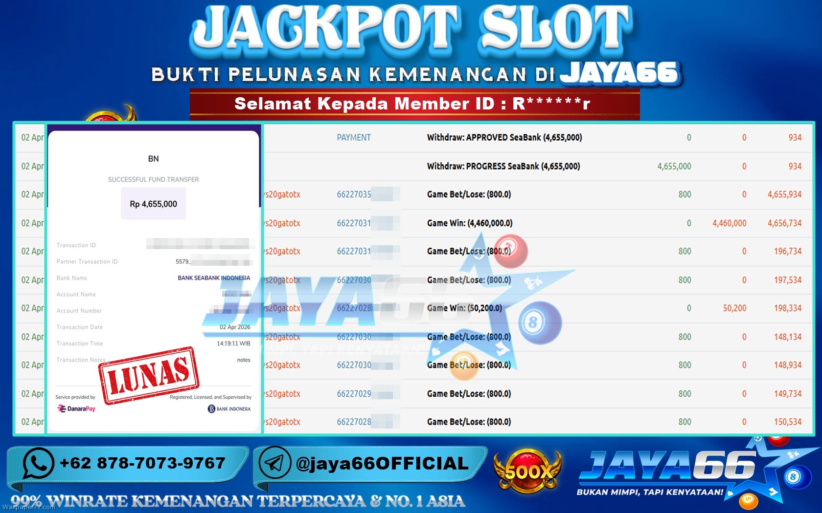 JAYA66 – BUKTI KEMENANGAN SLOT GATES OF GATOT KACA 1000 Rp. 4,655,000,- LUNAS