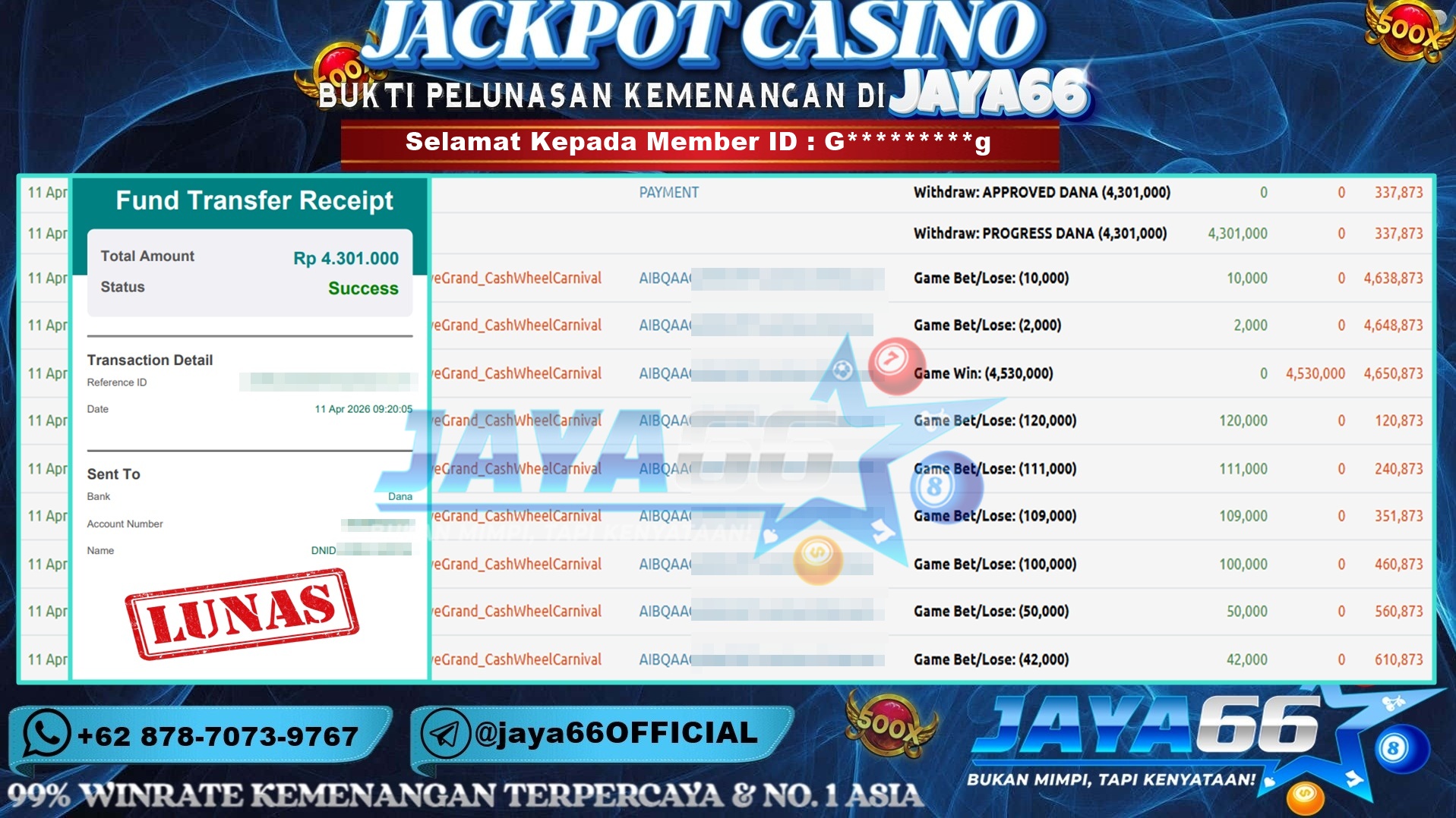 JAYA66 – BUKTI KEMENANGAN MICROGAMING CASINO – Cash Wheel Carnival Rp. 4,301,000,- LUNAS
