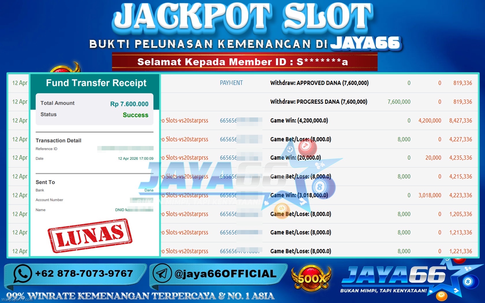JAYA66 – BUKTI KEMENANGAN SLOT STARLIGHT PRINCESS SUPERSCATTER Rp. 7,600,000,- LUNAS