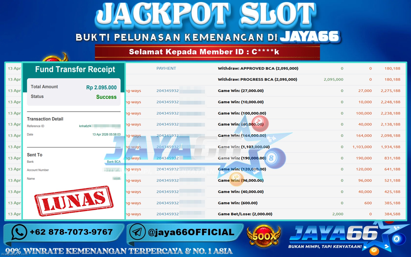 JAYA66 – BUKTI KEMENANGAN SLOT MAHJONG WAYS Rp. 2,095,000,- LUNAS