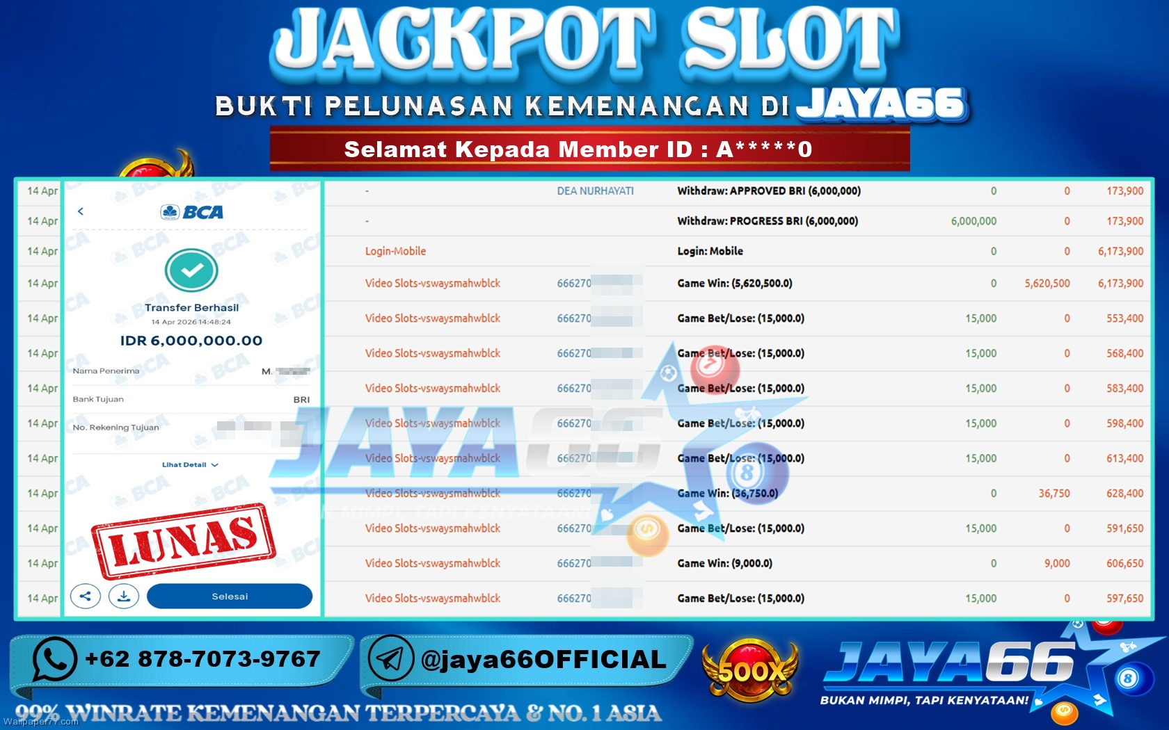 JAYA66 – BUKTI KEMENANGAN SLOT MAHJONG WINS 3 – BLACKSCATTER Rp. 6,000,000,- LUNAS