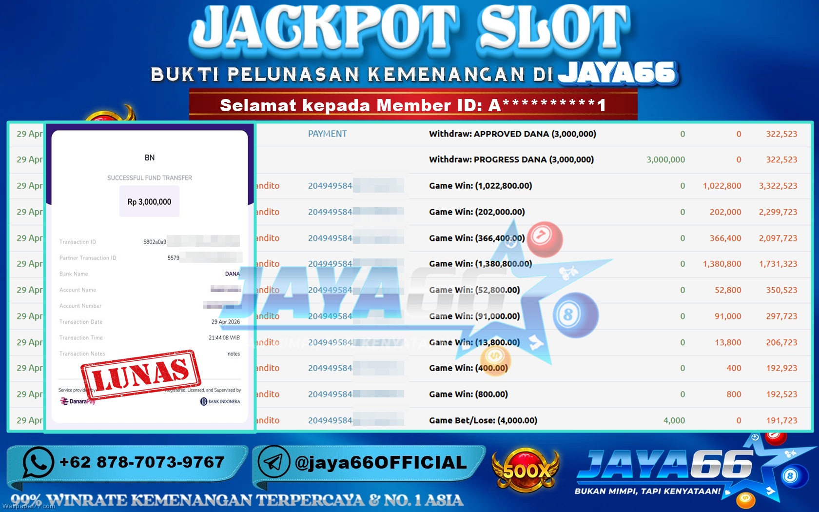 JAYA66 – BUKTI KEMENANGAN SLOT WILD BANDITO Rp 3,000,000 LUNAS!