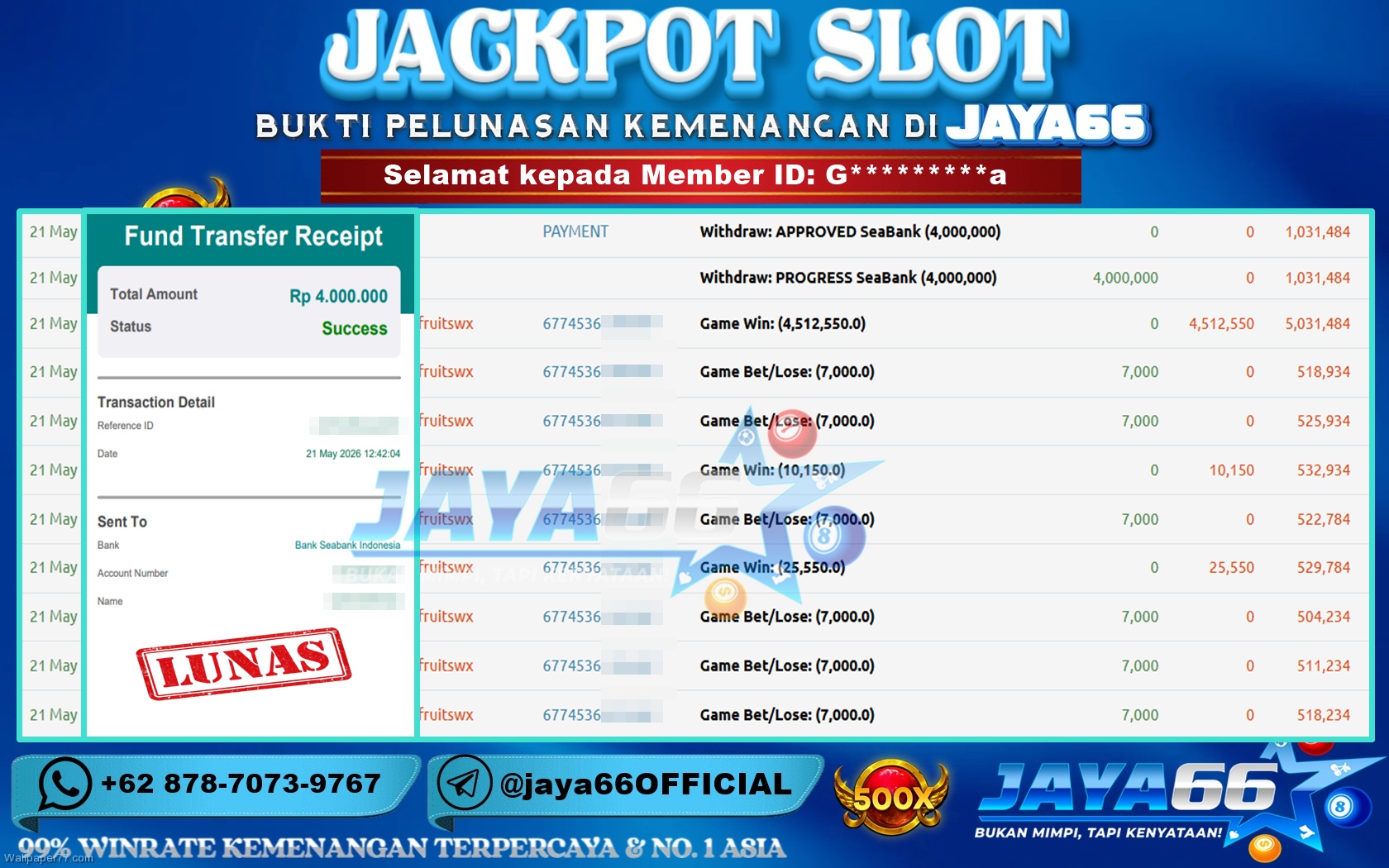 JAYA66 – BUKTI KEMENANGAN SLOT SWEET BONANZA 1000 Rp 4,000,000 LUNAS!