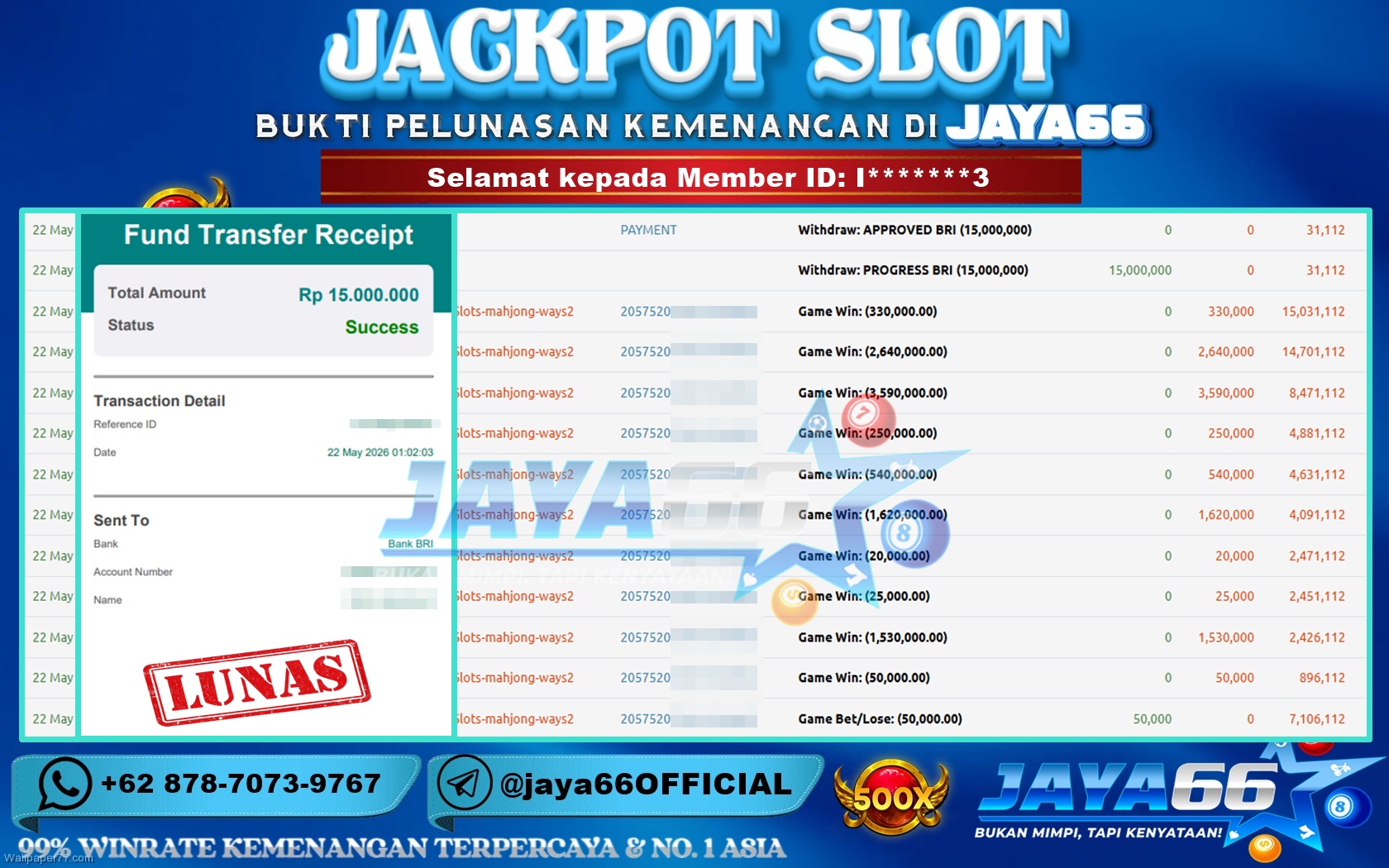 JAYA66 – BUKTI KEMENANGAN SLOT MAHJONG WAYS 2 Rp 15,000,000 LUNAS!