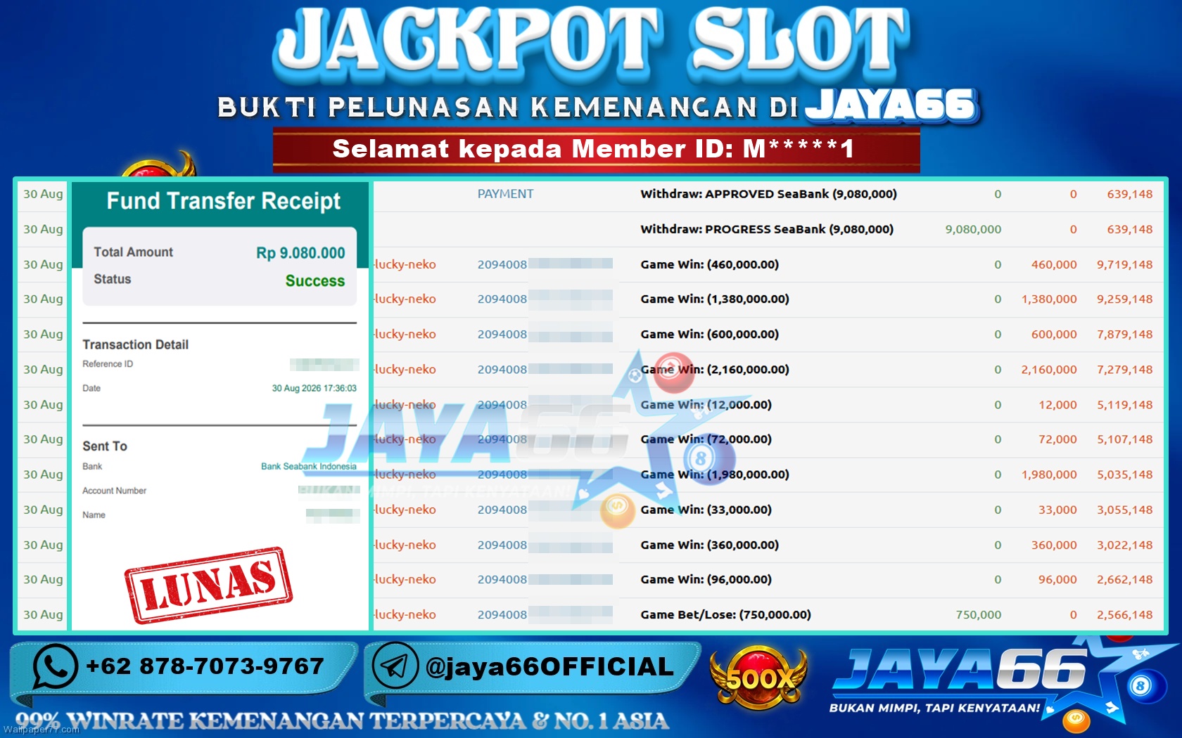 JAYA66 – BUKTI KEMENANGAN SLOT LUCKY NEKO Rp. 9,080,000 LUNAS!