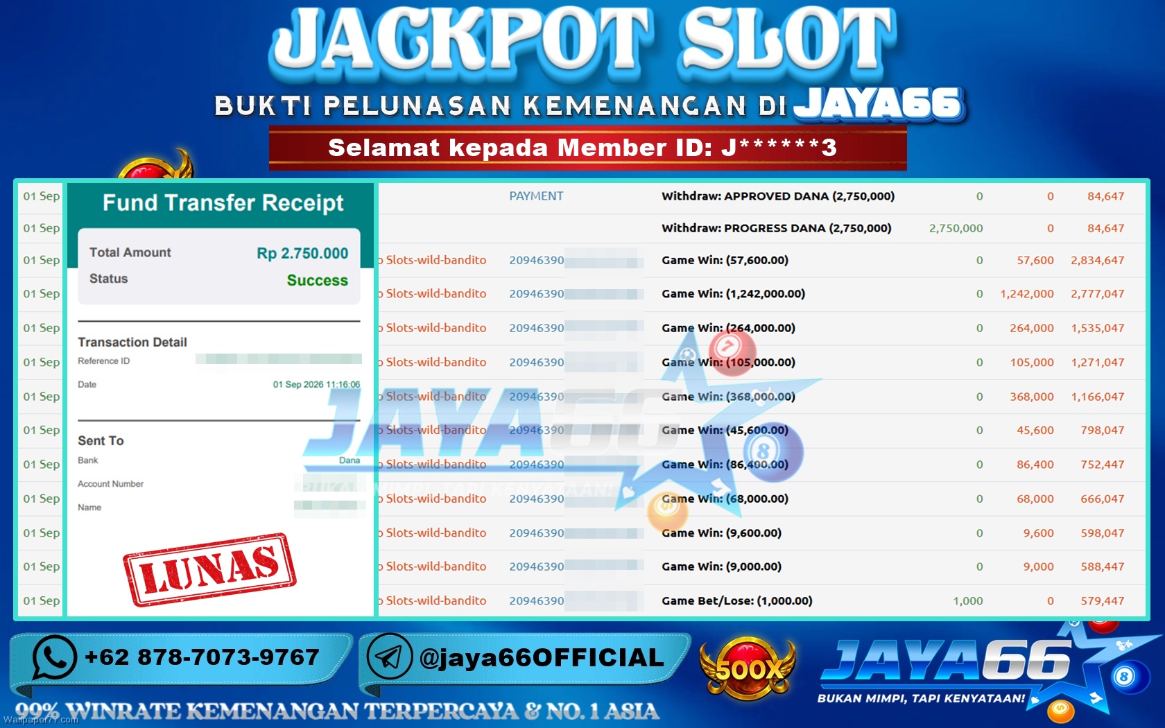 JAYA66 – BUKTI KEMENANGAN SLOT WILD BANDITO Rp. 2,750,000 LUNAS!