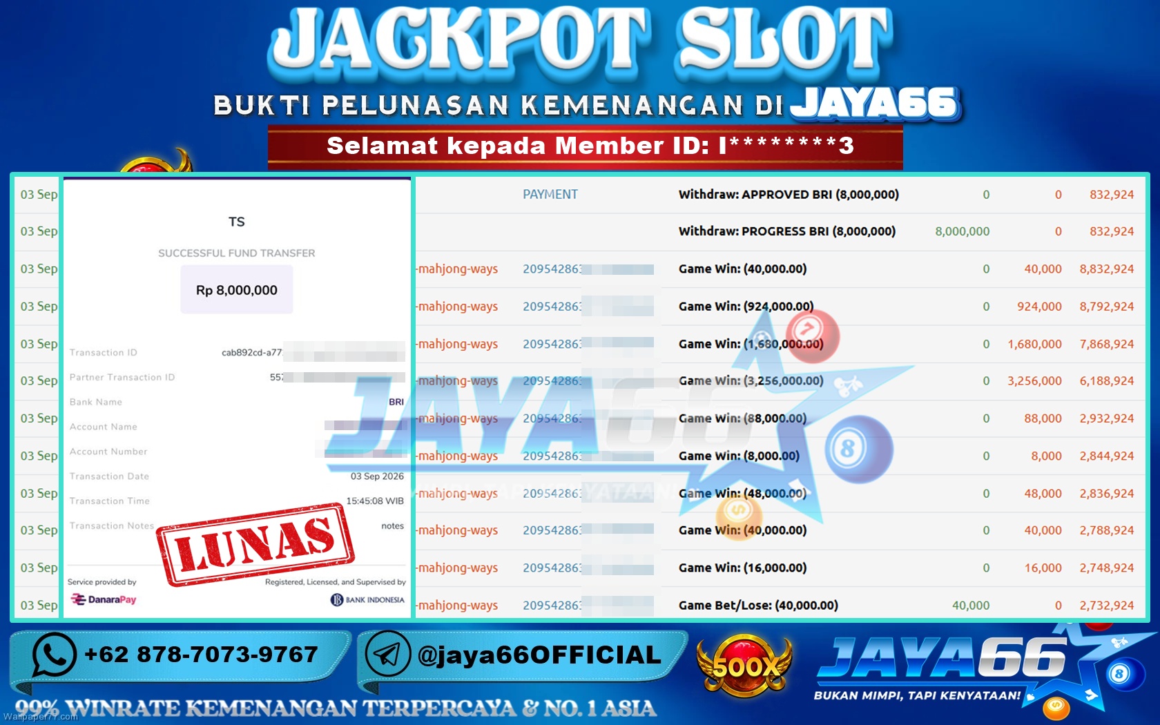 JAYA66 – BUKTI KEMENANGAN SLOT MAHJONG WAYS Rp. 8,000,000 LUNAS!