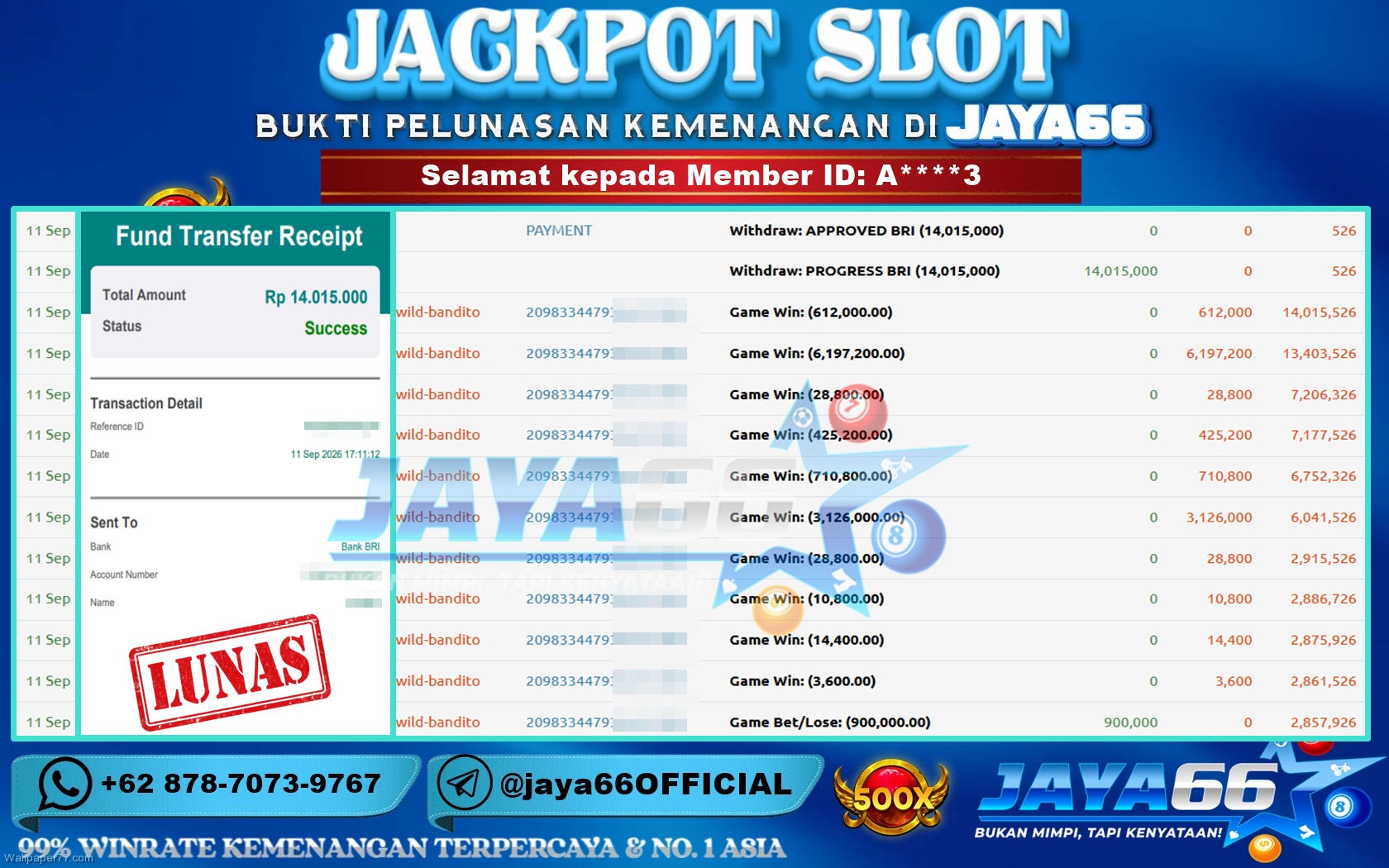 JAYA66 – BUKTI KEMENANGAN SLOT WILD BANDITO Rp. 14,015,000 LUNAS!