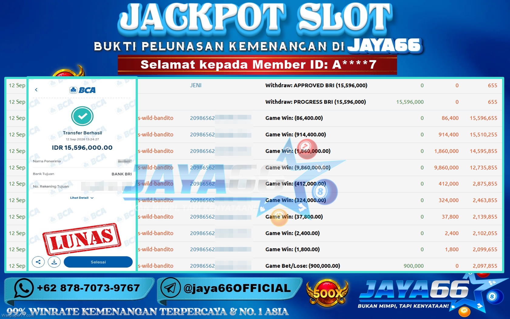 JAYA66 – BUKTI KEMENANGAN SLOT WILD BANDITO Rp. 15,596,000 LUNAS!